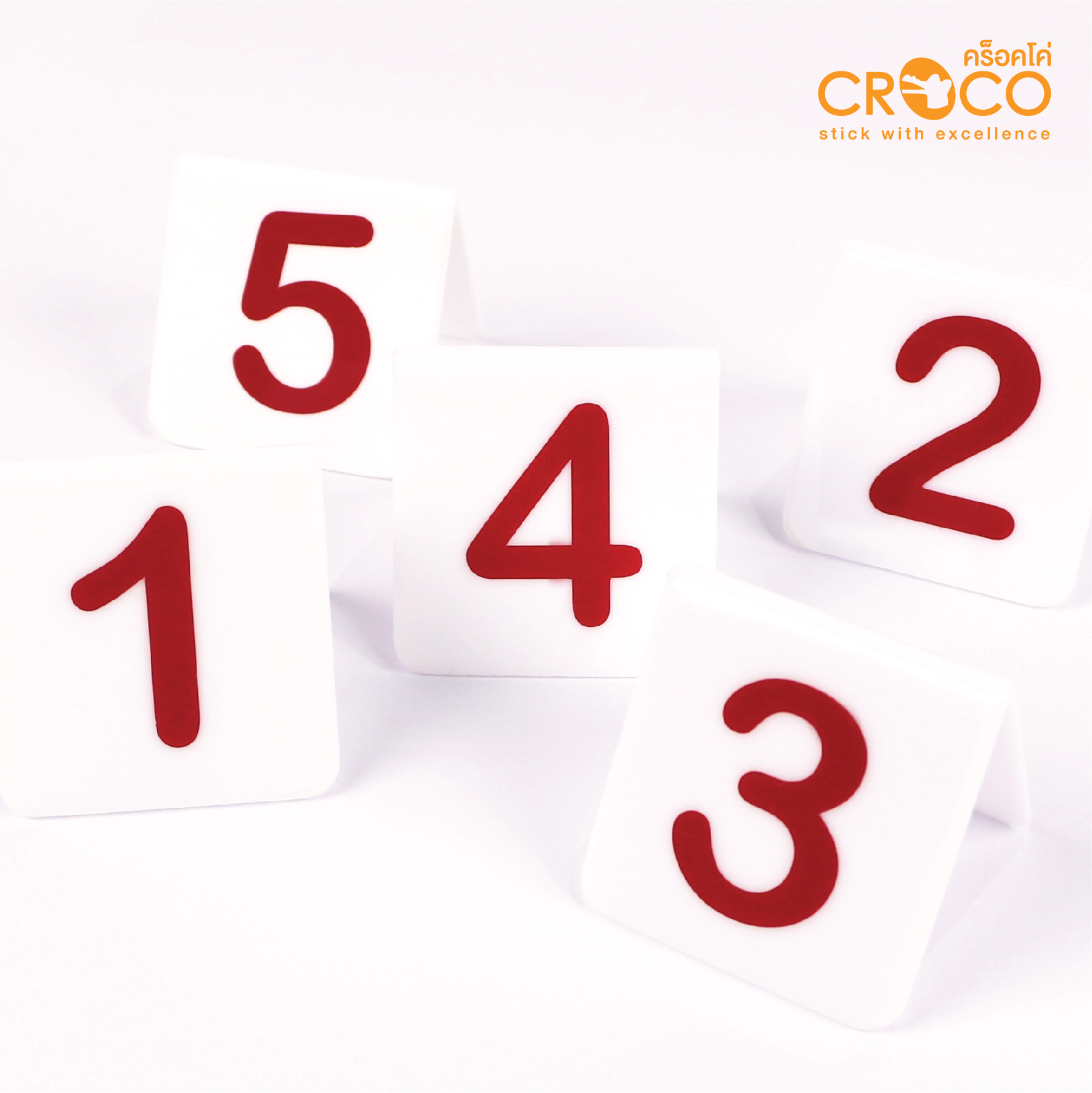 ป้ายอะคริลิค ตัวเลข 1-10 สำหรับตั้งโต๊ะ 5x5 ซม. พื้นขาว ตัวเลขแดง